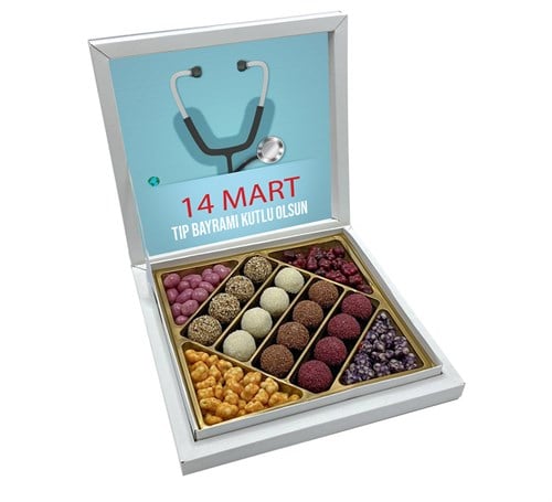 14 Mart Tıp Bayramı Mesajı Truf Çikolata + Draje Sunum Kutulu