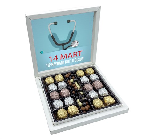 14 Mart Tıp Bayramı Mesajı Yaldızlı Çikolata Sunum Kutulu