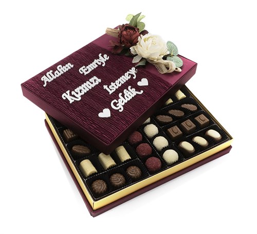 Kız isteme Çikolatası Çiçekli Bordo Pileli Kutu