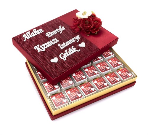 Kız isteme Çikolatası Çiçekli Kırmızı Pileli Kutu Madlen