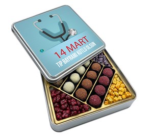 14 Mart Tıp Bayramı Mesajı Truf Çikolata + Draje Metal Kutu
