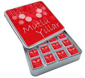 Kırmızı Süslemeli Hediyelik Yeni Yıl Çikolataları Metal Kutu (32 Adet)