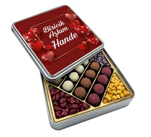 Sevgililer Günü Çikolatası + Draje Kırmızı Kalpli Metal Kutulu